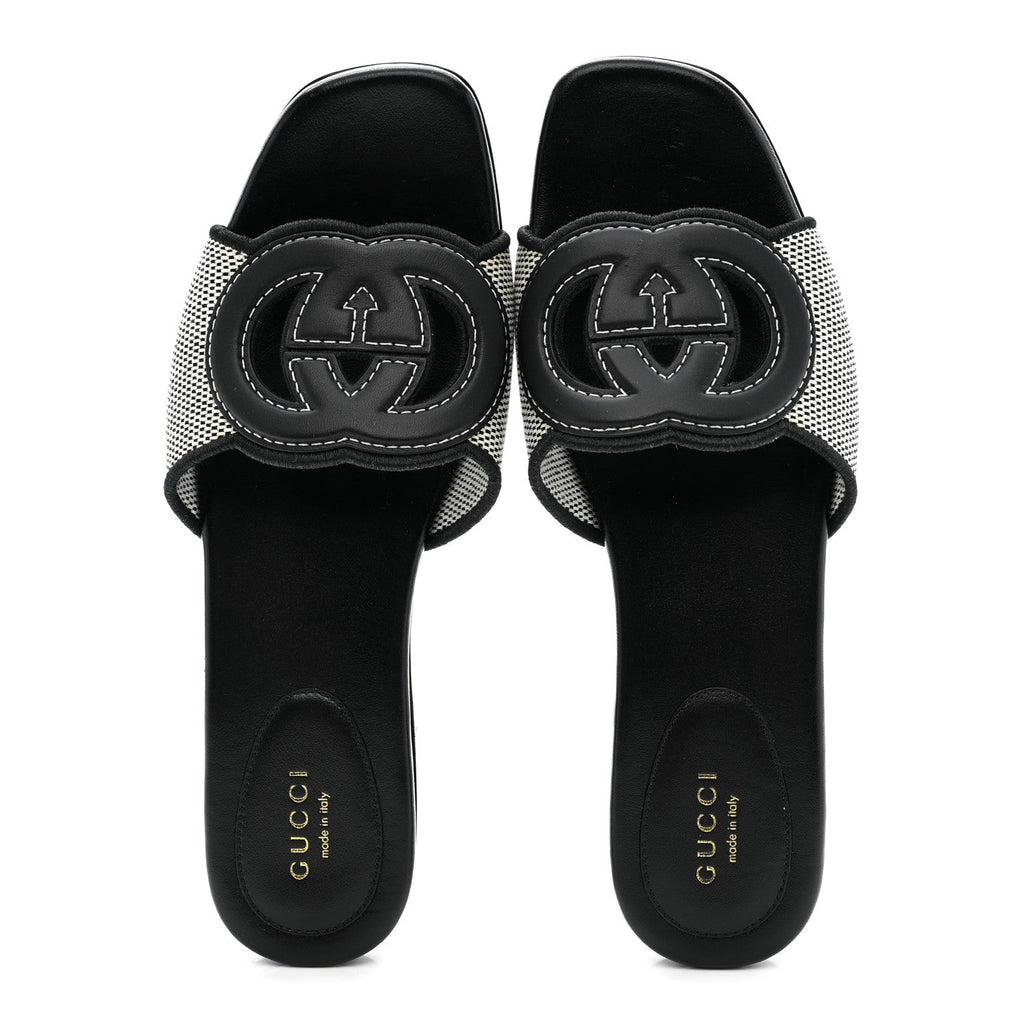 Cosmo Softy Calfskin Canvas Interlocking G Cut Out Slide Sandals 37.5 Natural Black