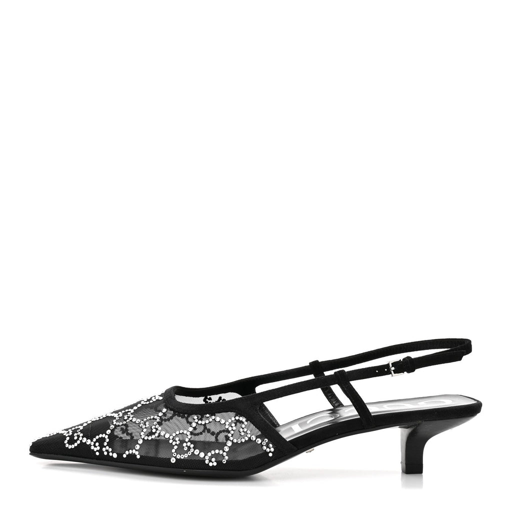 Tela Retino Kid Scamosciato Crystal GG Monogram Square G 35mm Slingback Pumps 38.5 Black