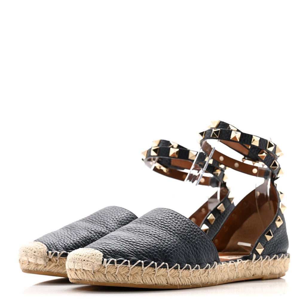 Grained Calfskin Rockstud Ankle Wrap Espadrille 20mm Flats 35 Navy