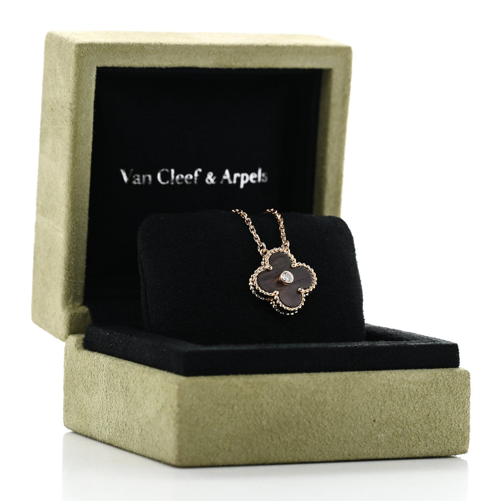 18K Rose Gold Diamond Grey Mother of Pearl Vintage Alhambra Pendant Necklace