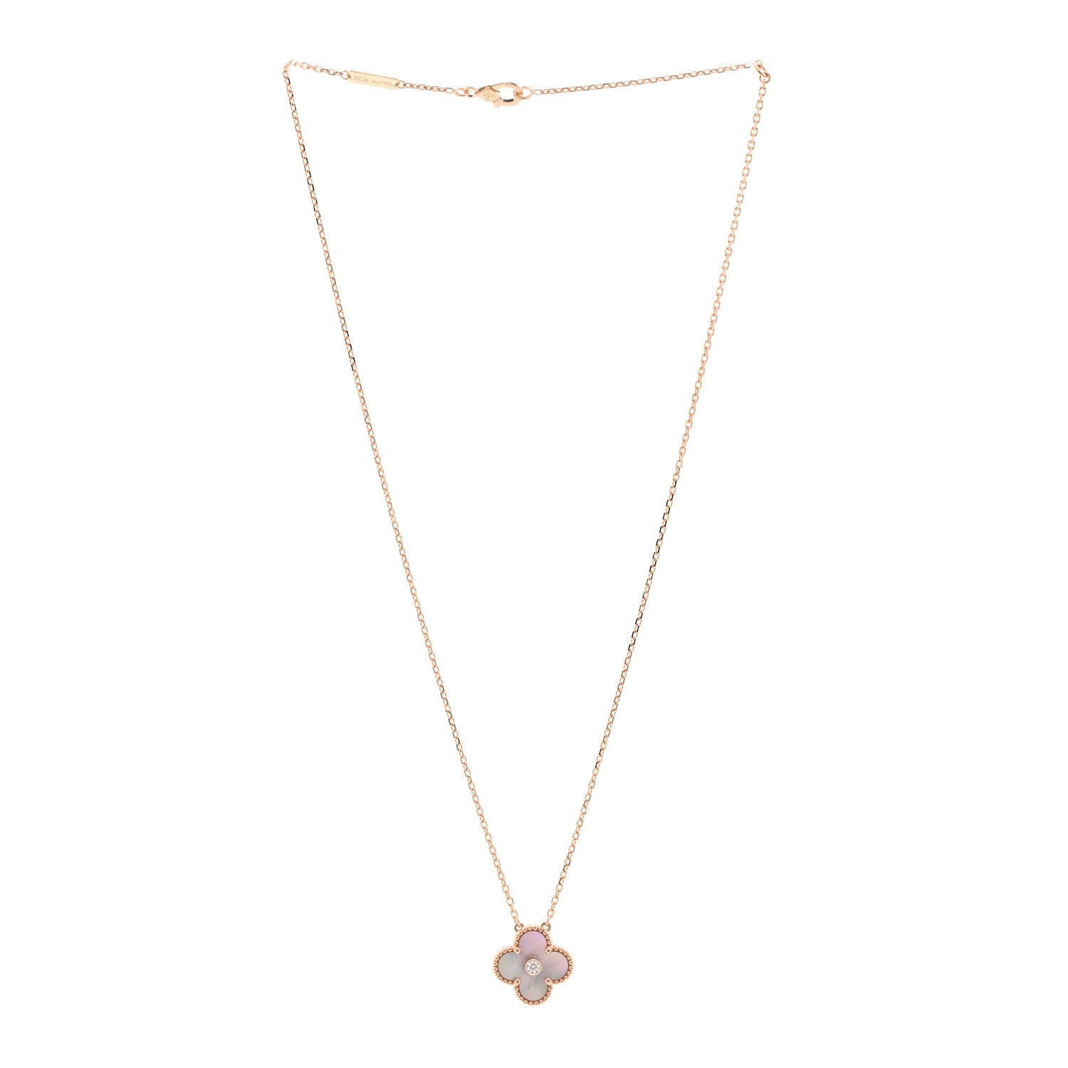 18K Rose Gold Diamond Pink Mother of Pearl Vintage Alhambra Pendant Necklace