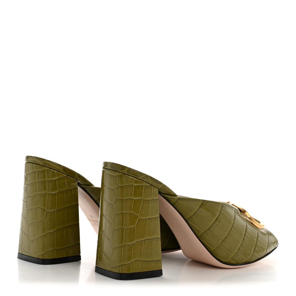 Calfskin Printed Crocodile Effect VLogo Signature 95mm Slide Sandals 36.5 Green