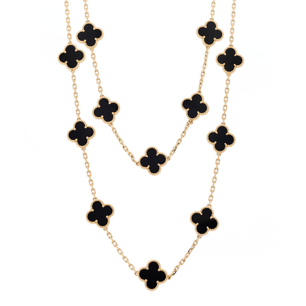 18K Yellow Gold Black Onyx 20 Motifs Vintage Alhambra Necklace
