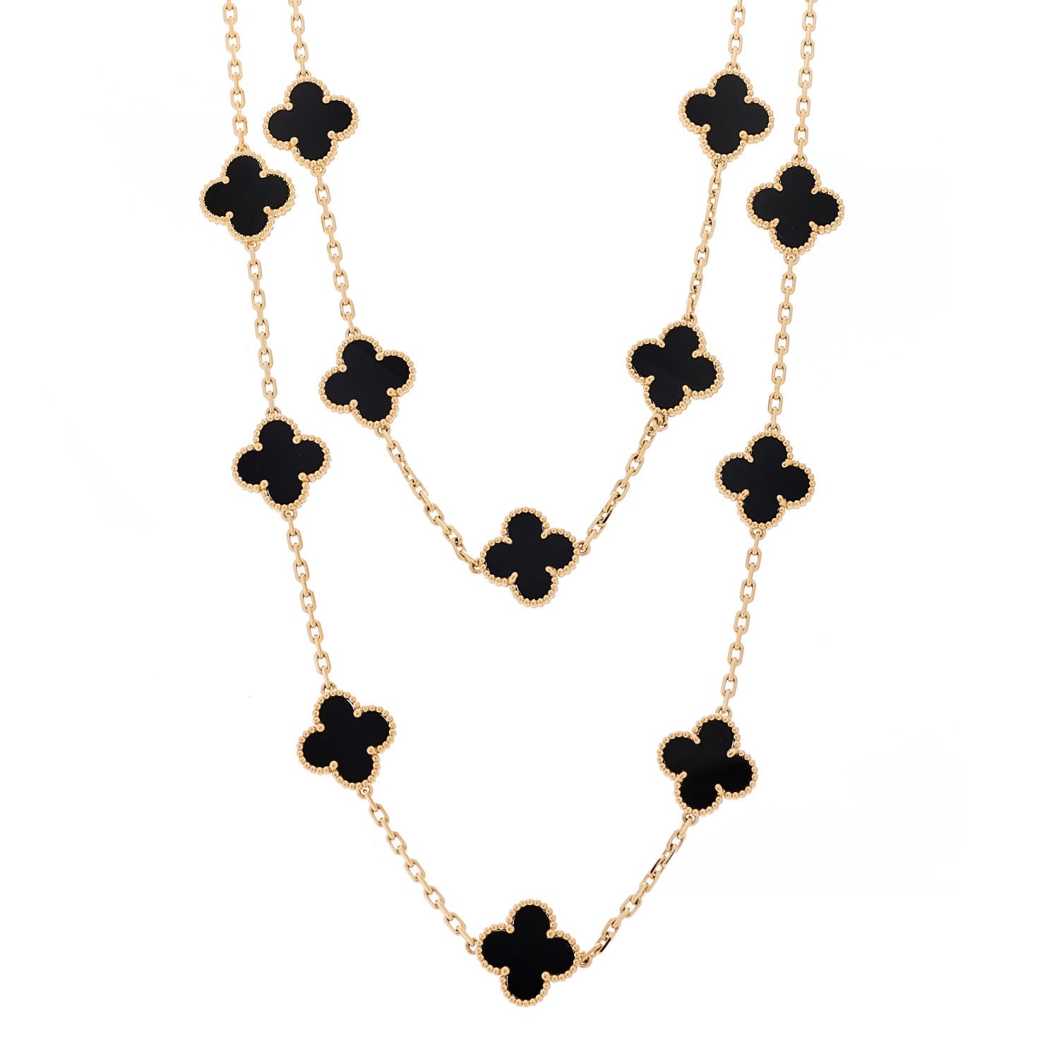 18K Yellow Gold Black Onyx 20 Motifs Vintage Alhambra Necklace