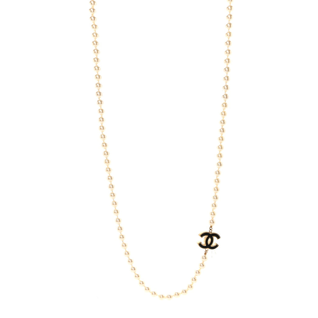 Pearl Beaded Resin CC Long Necklace Black Gold