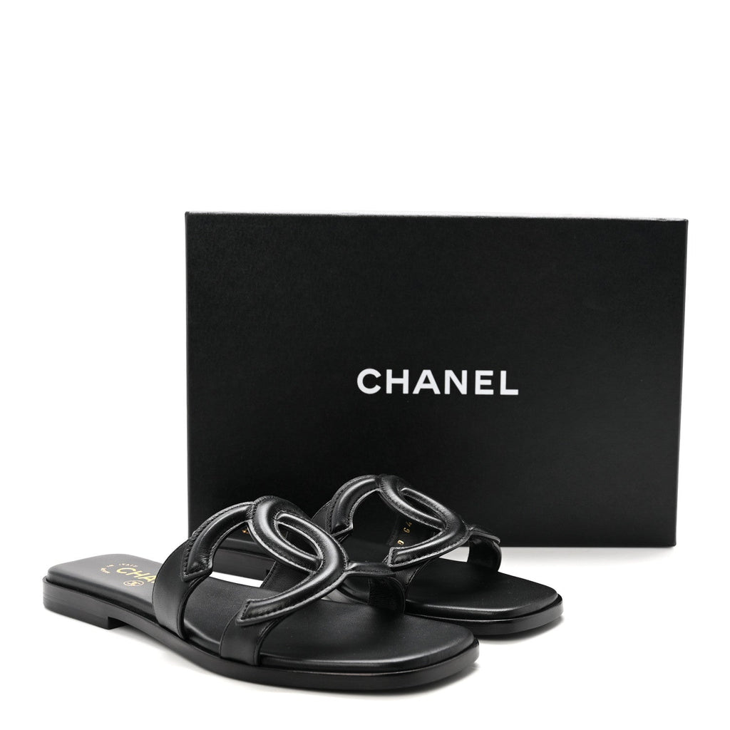 Lambskin CC Cut Out Mules Sandals 36 Black