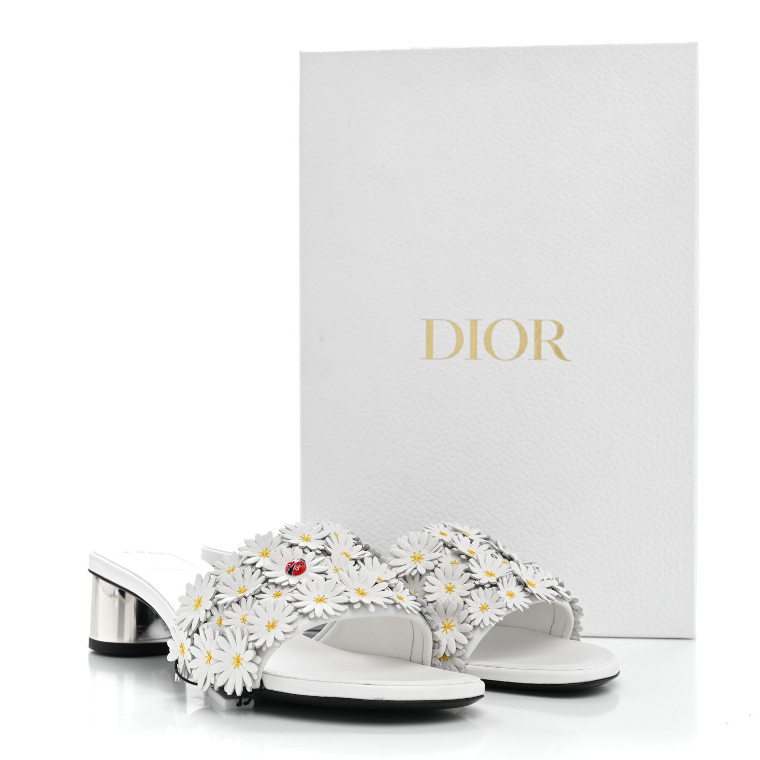 Lambskin Daisy Embroidered Dior Bloom Heeled Slide Sandals 39 White