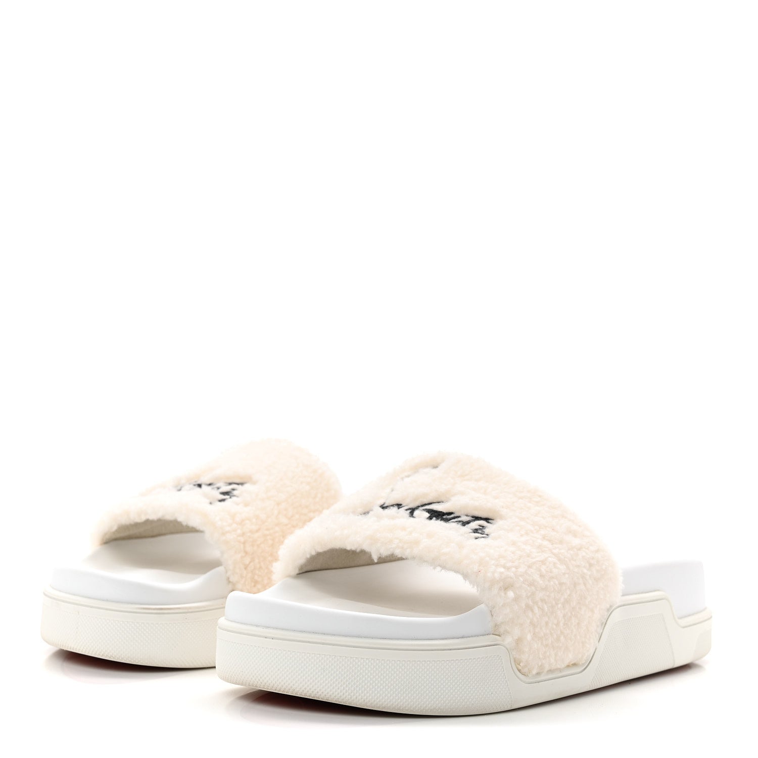 Faux Shearling Embroidered Pool Donna Flat Slide Sandals 36.5 White