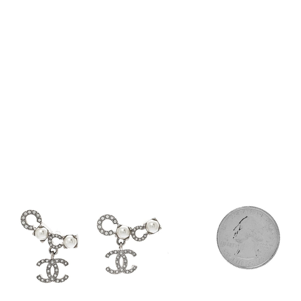 Metal Crystal Pearl Coco CC Earrings Silver
