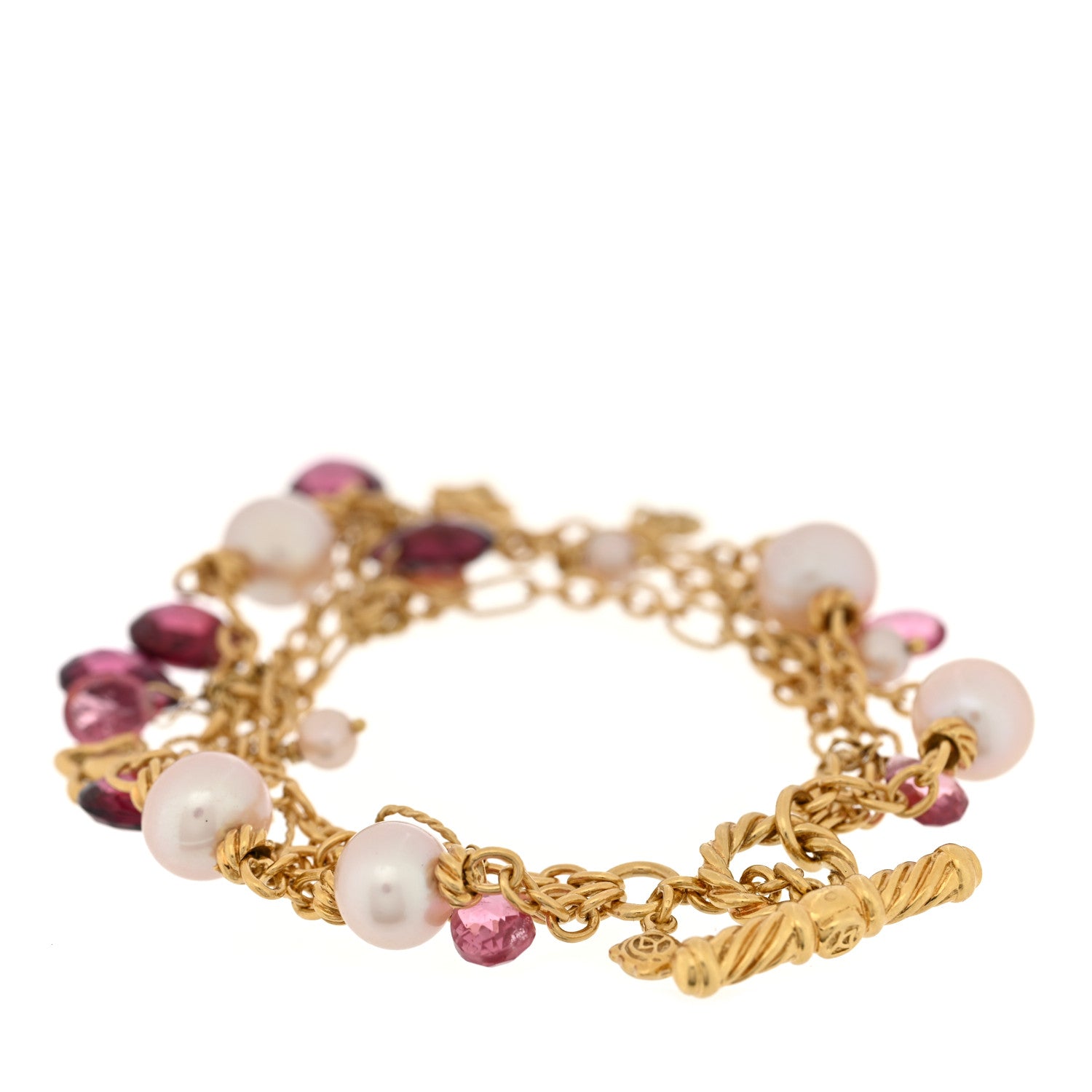 18K Yellow Gold Cultured Pearl Pink Tourmaline Rhodolite 3 Strand Bracelet