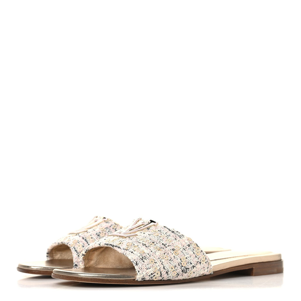 Tweed Sequin LV Mare Flat Mule Sandals 39 Light Gold
