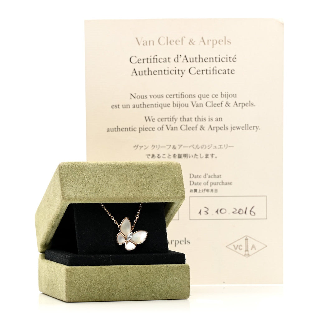 18K Rose Gold Diamond Mother of Pearl Two Butterfly Pendant Necklace