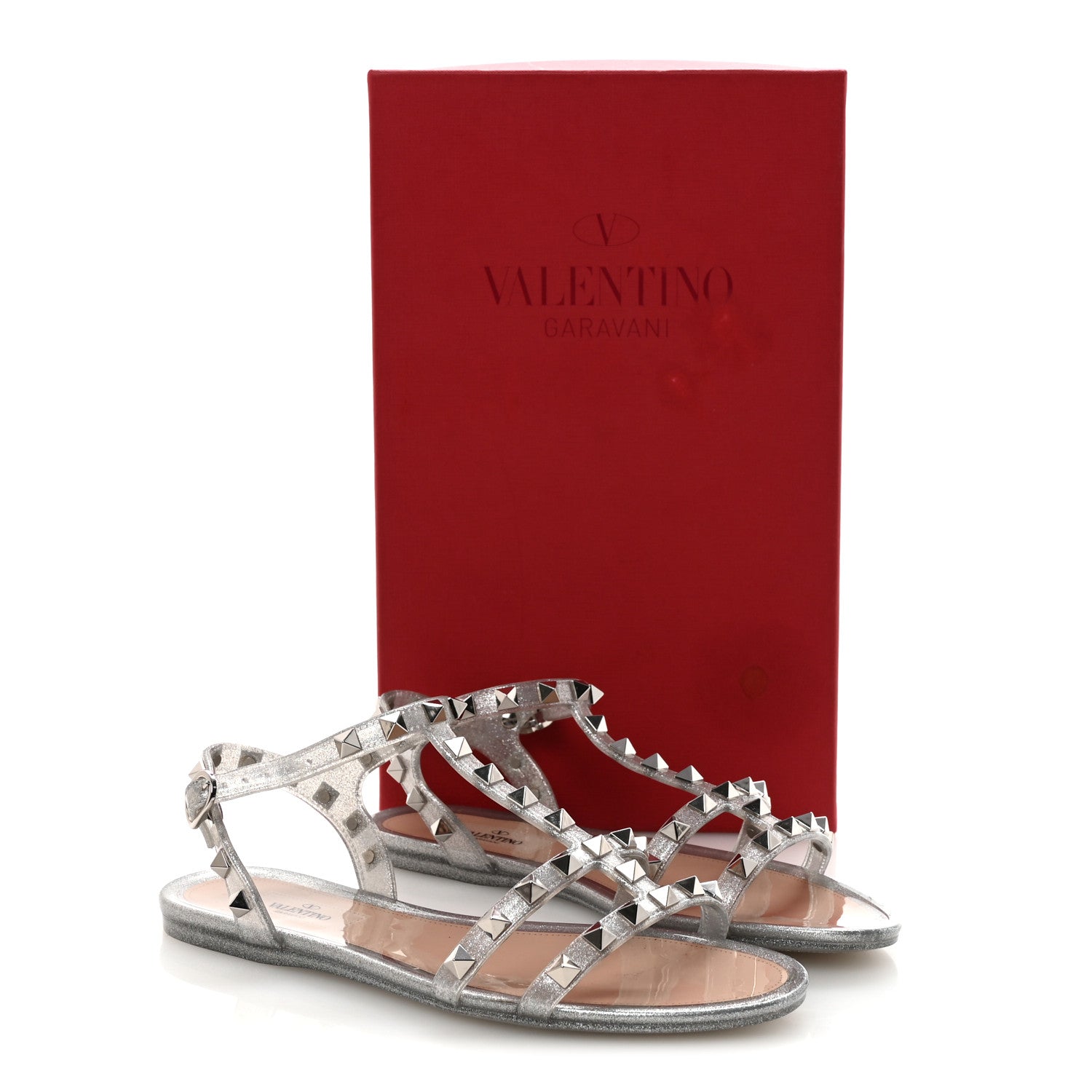 PVC Jelly Glitter Rockstud Caged Flat Thong Sandals 36 Silver