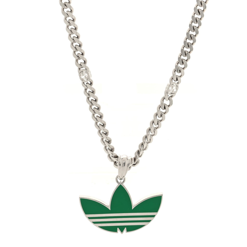 X ADIDAS Enamel Trefoil Gourmette Pendant Necklace Silver Green