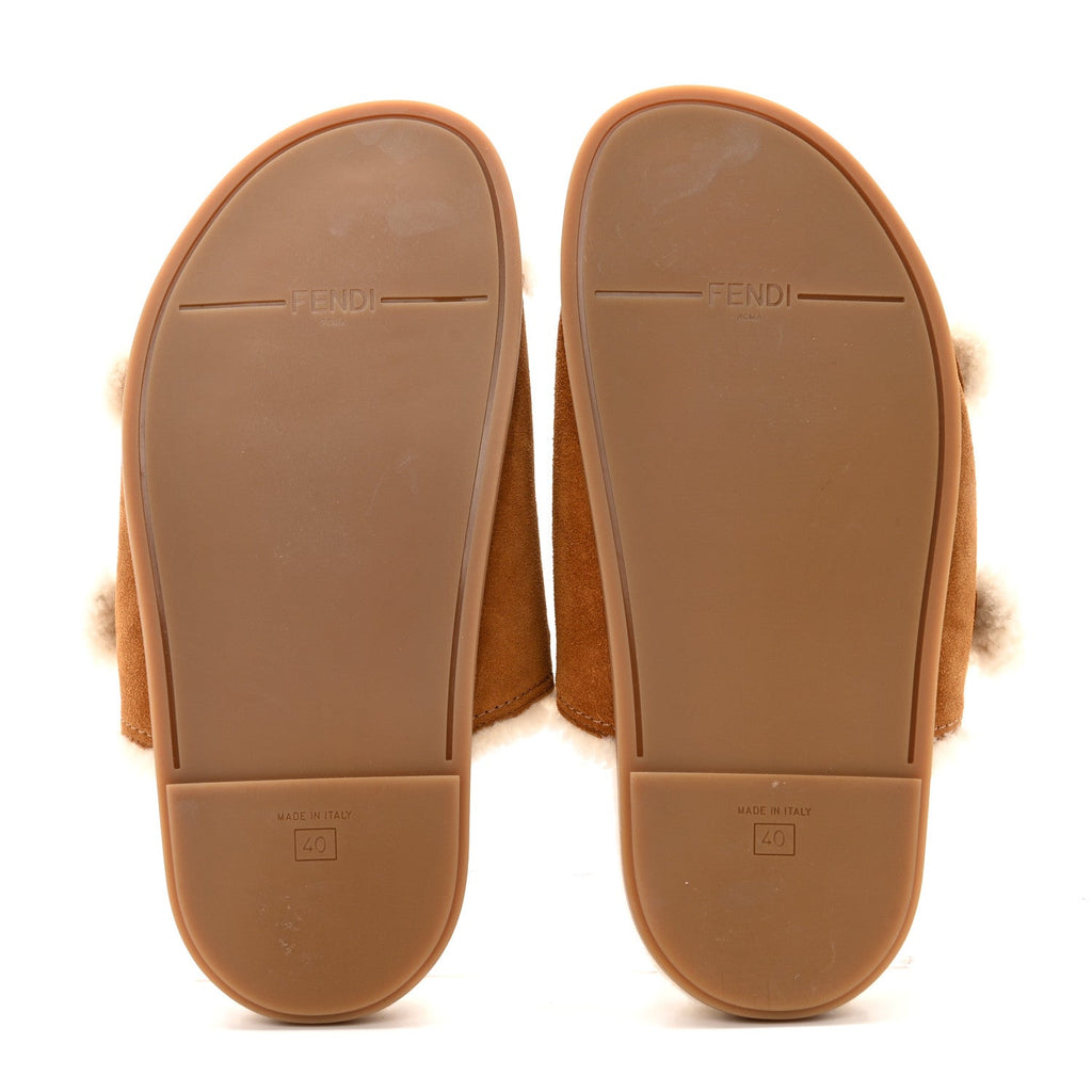 Suede Shearling Fendi Feel Buckled Slide Sandals 40 Beige Latte