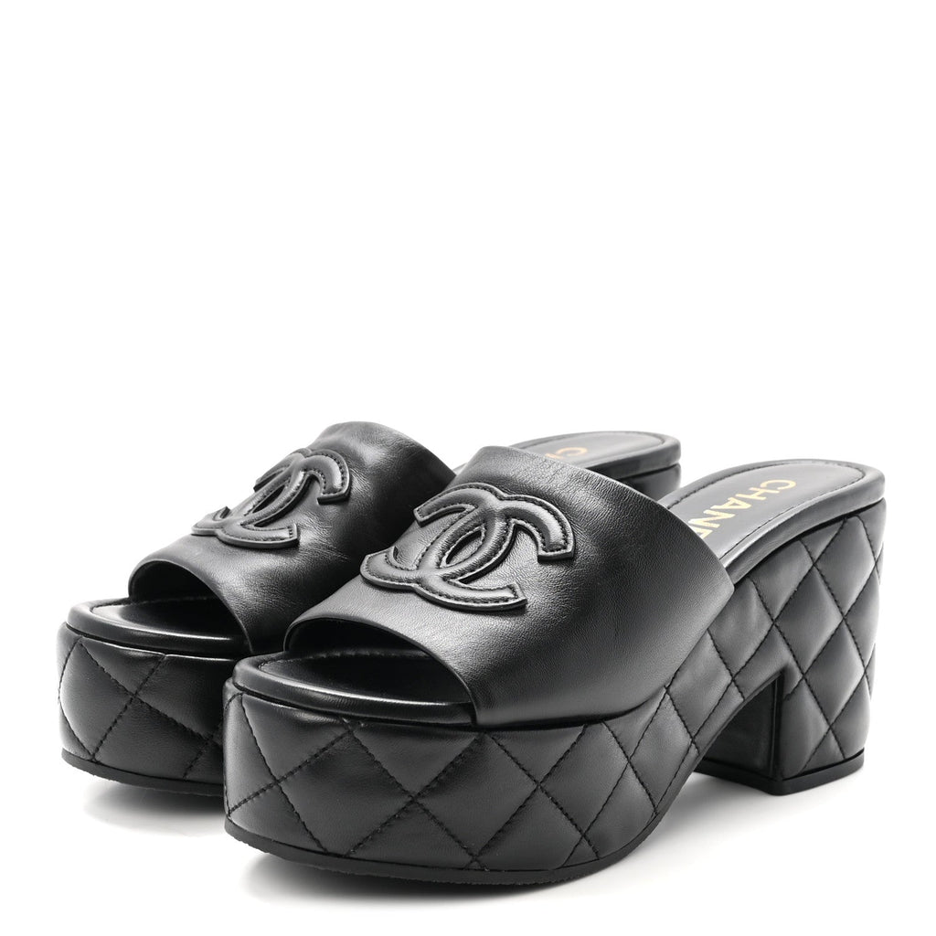 Lambskin Quilted CC Platform Mules 37.5 Black