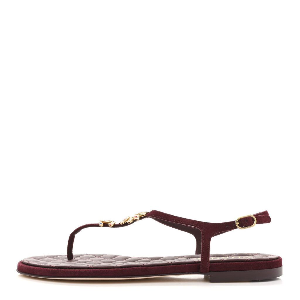 Suede Calfskin CC Crystal Thong Sandals 40.5 Burgundy