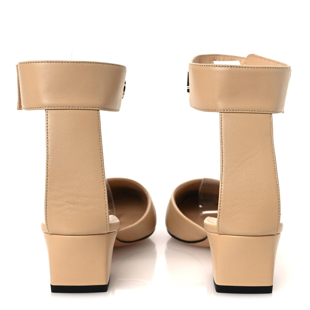 Lambskin Grosgrain Cap Toe Logo Ankle Strap Pumps 38 Beige Black