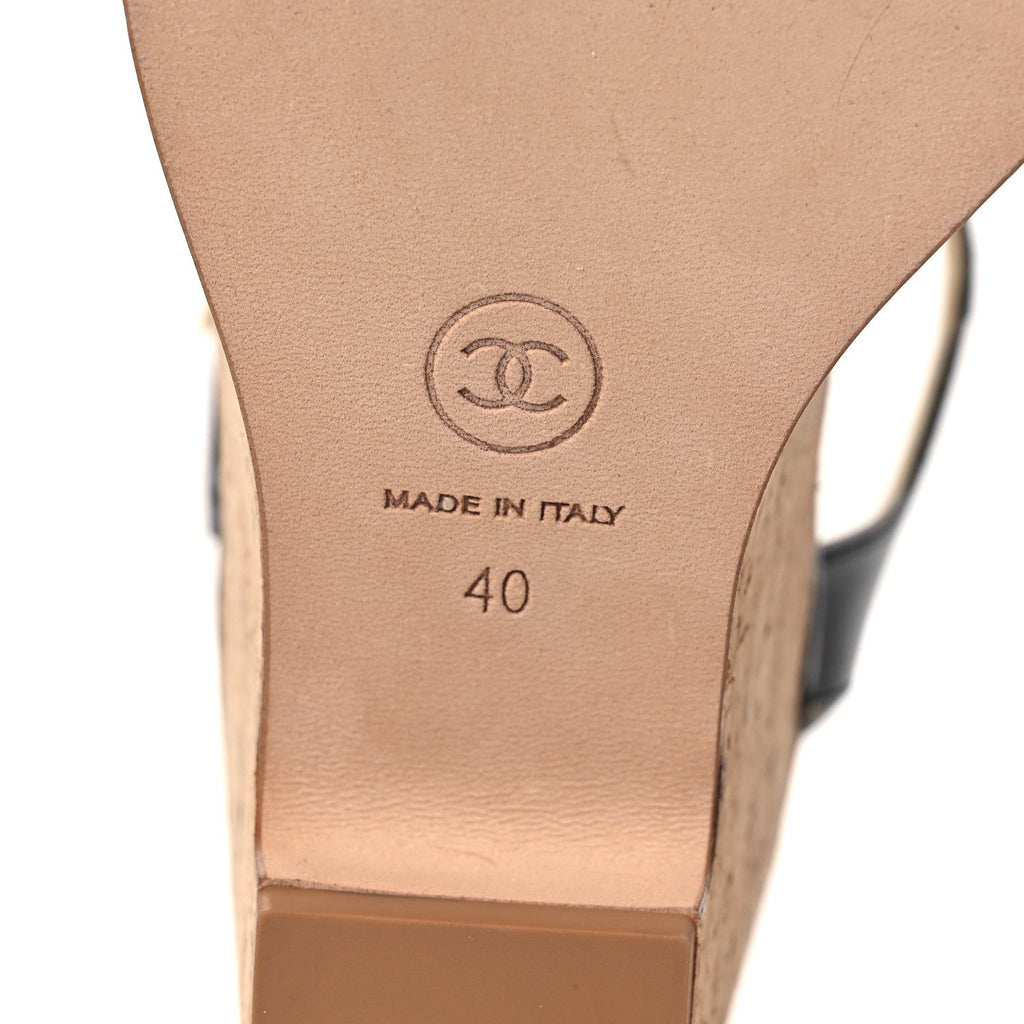 Shiny Lambskin Cork Wedge Sandals 40 Black