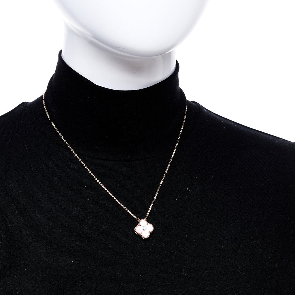 18K Rose Gold Diamond Pink Mother of Pearl Vintage Alhambra Pendant Necklace