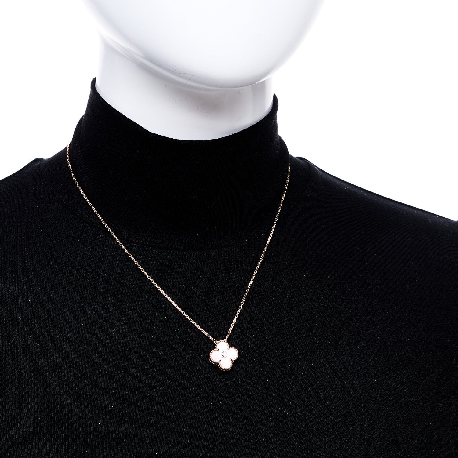 18K Rose Gold Diamond Pink Mother of Pearl Vintage Alhambra Pendant Necklace