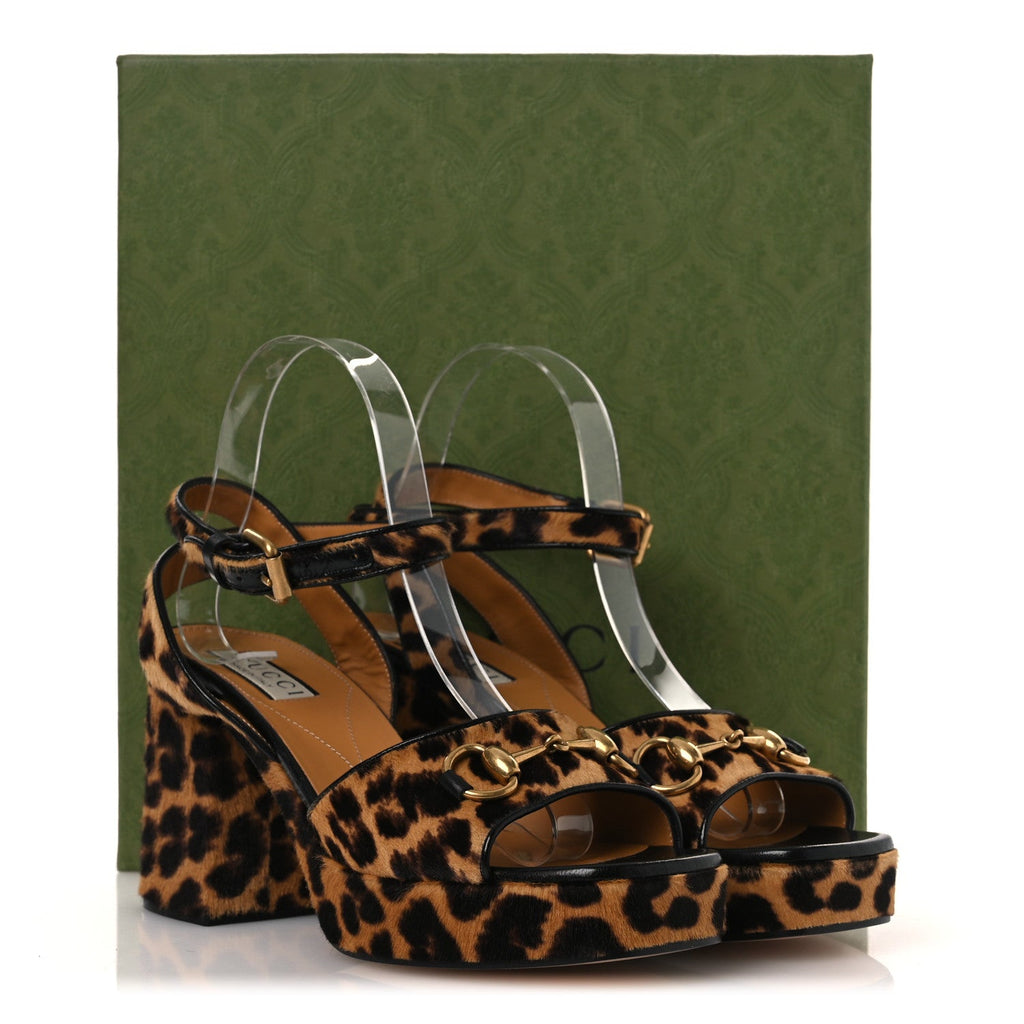 Calf Hair Leopard Print Horsebit 25/60mm Platform Sandals 38.5 Hazelnut Black