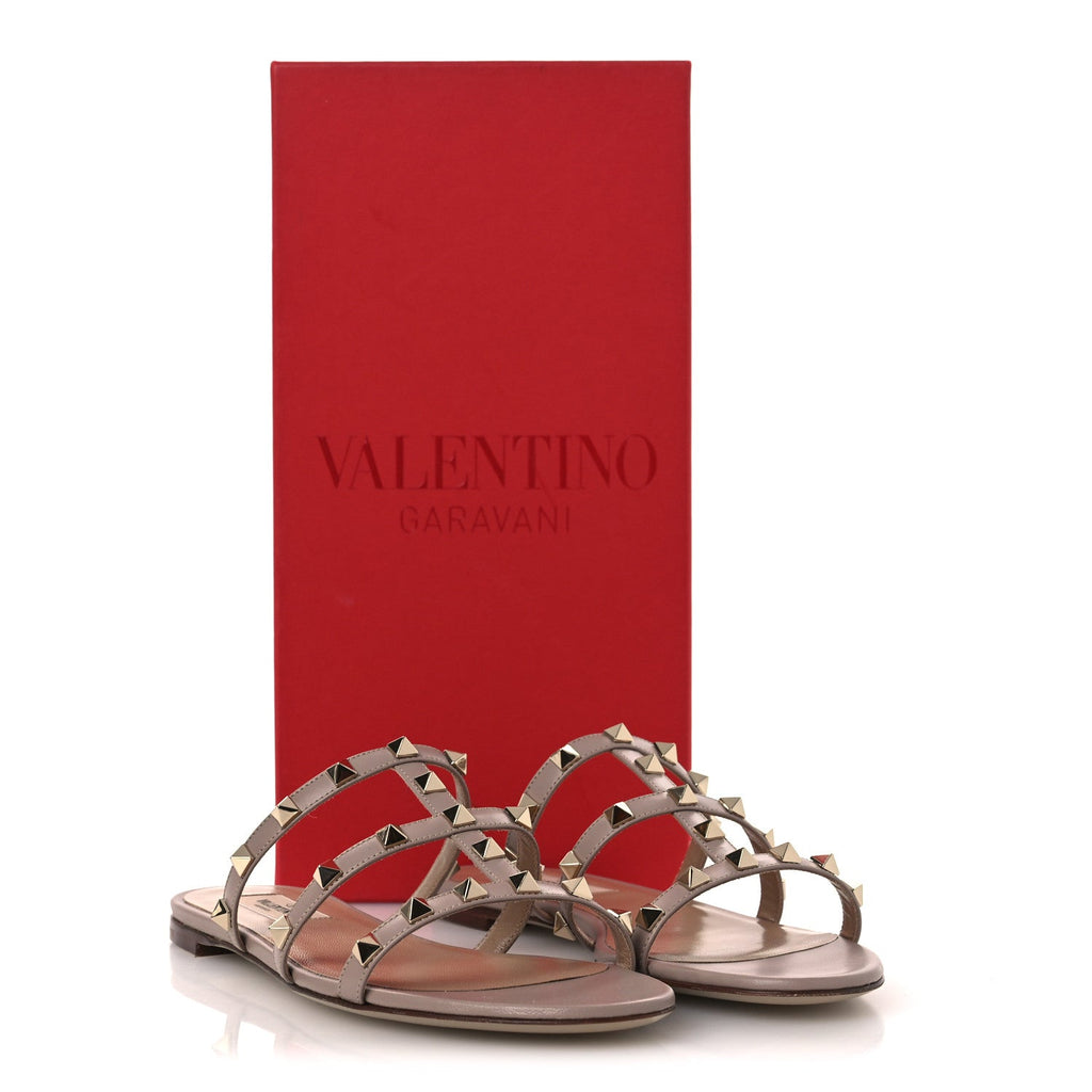 Calfskin Rockstud Caged Flat Slide Sandals 37.5 Poudre