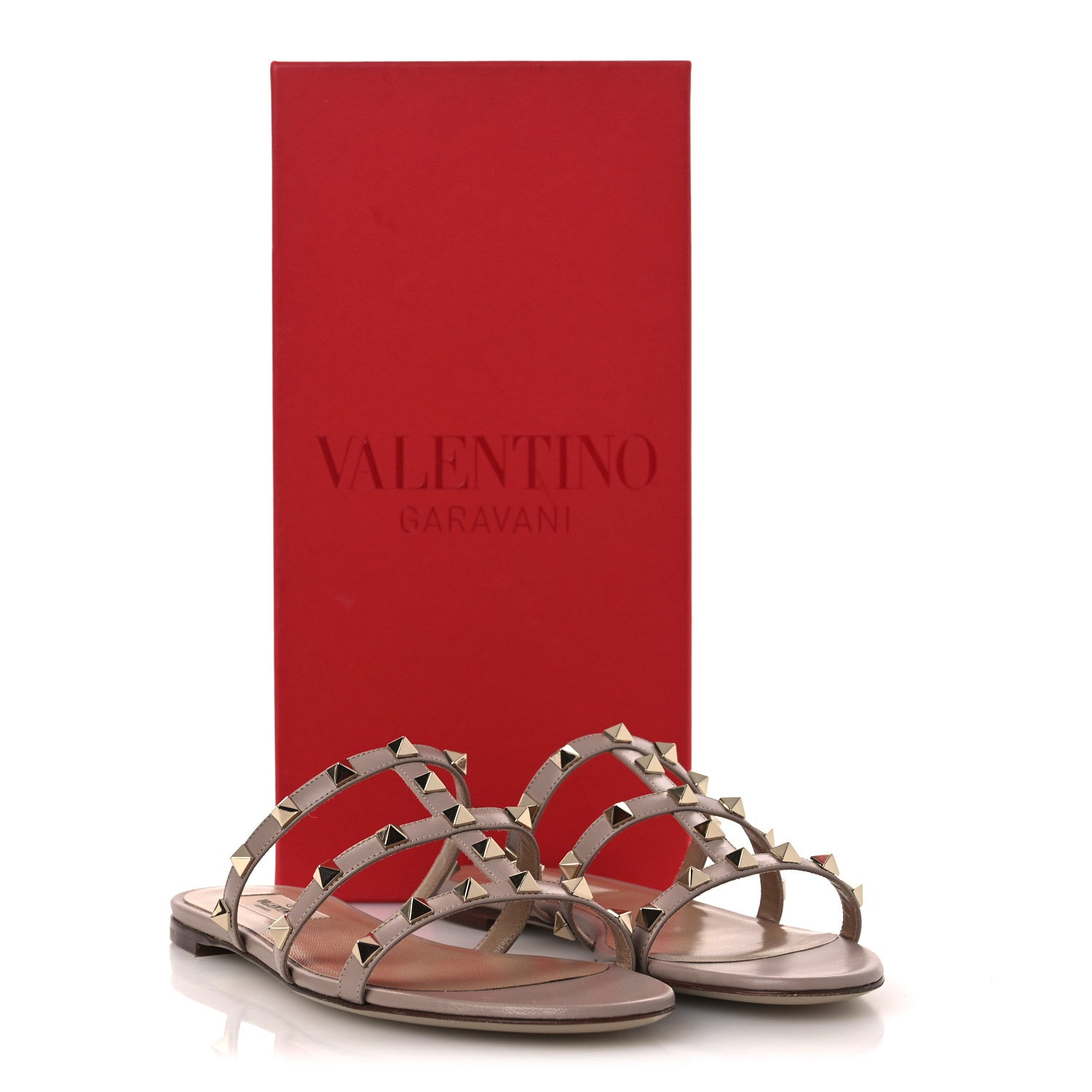 Calfskin Rockstud Caged Flat Slide Sandals 37.5 Poudre
