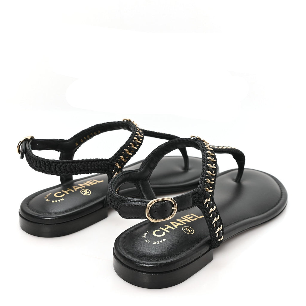 Lambskin Embroidered CC Thong Sandals 39 Black