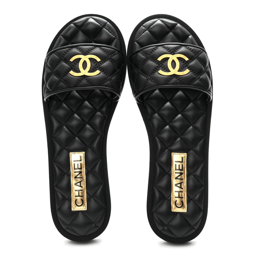 Lambskin Quilted Textured CC Mules Sandals 38.5 Black