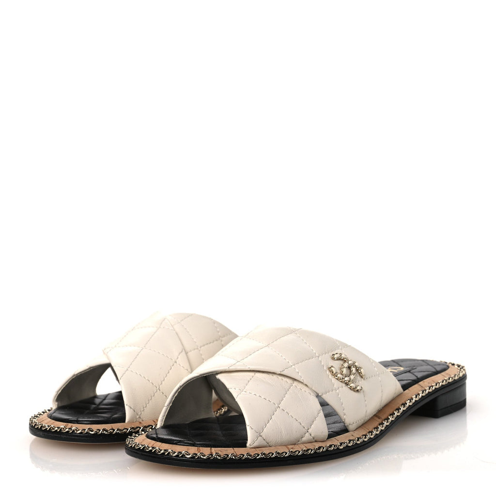 Lambskin Quilted Chain CC Sandals 37.5 White