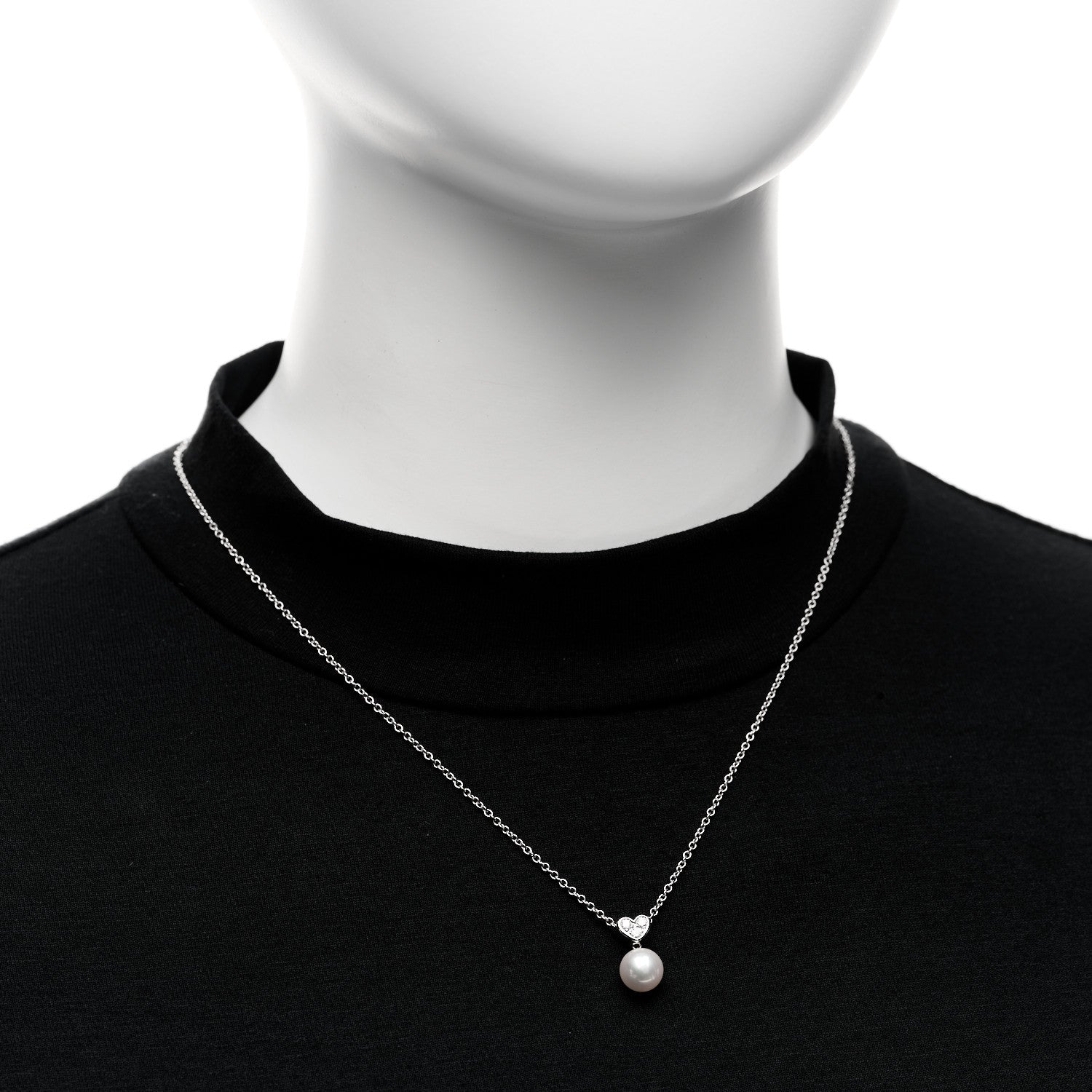 18K White Gold Diamond Akoya Cultured Pearl 8mm Heart Drop Pendant Necklace