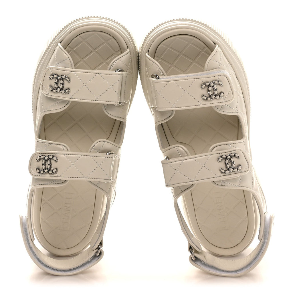 Shiny Calfskin Chain CC Velcro Dad Platform Sandals 39 White