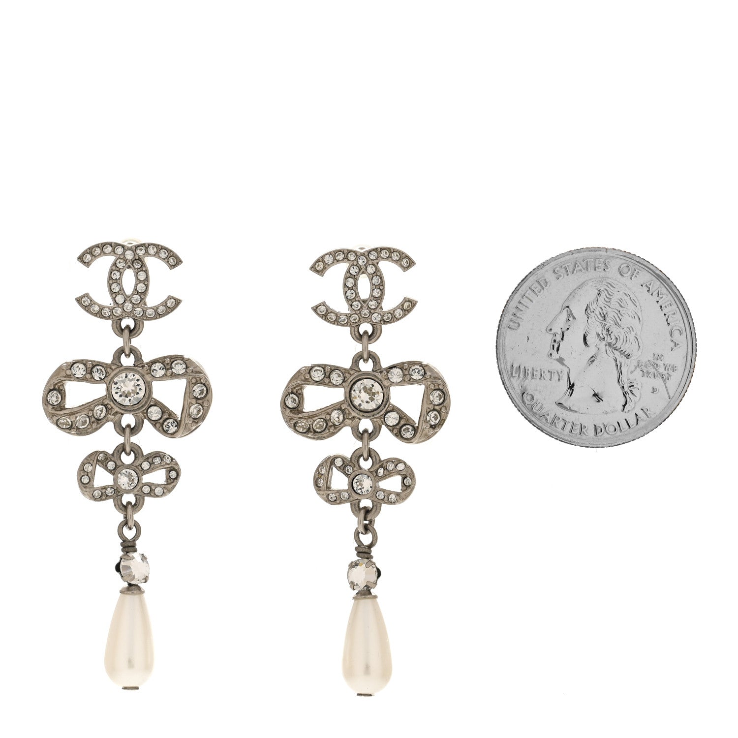 Crystal Pearl CC Bow Drop Earrings Silver