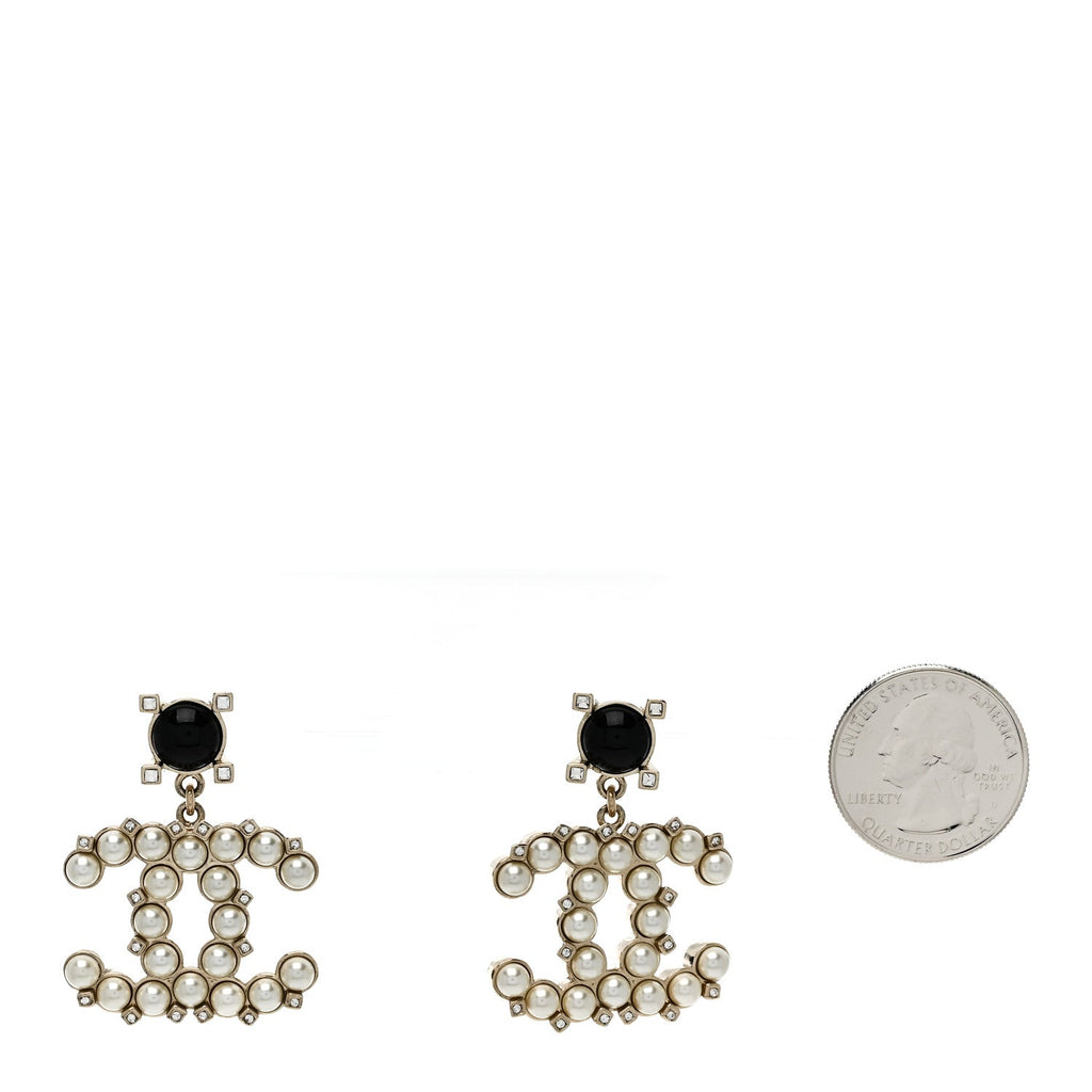 Resin Crystal Pearl CC Drop Earrings Black Gold