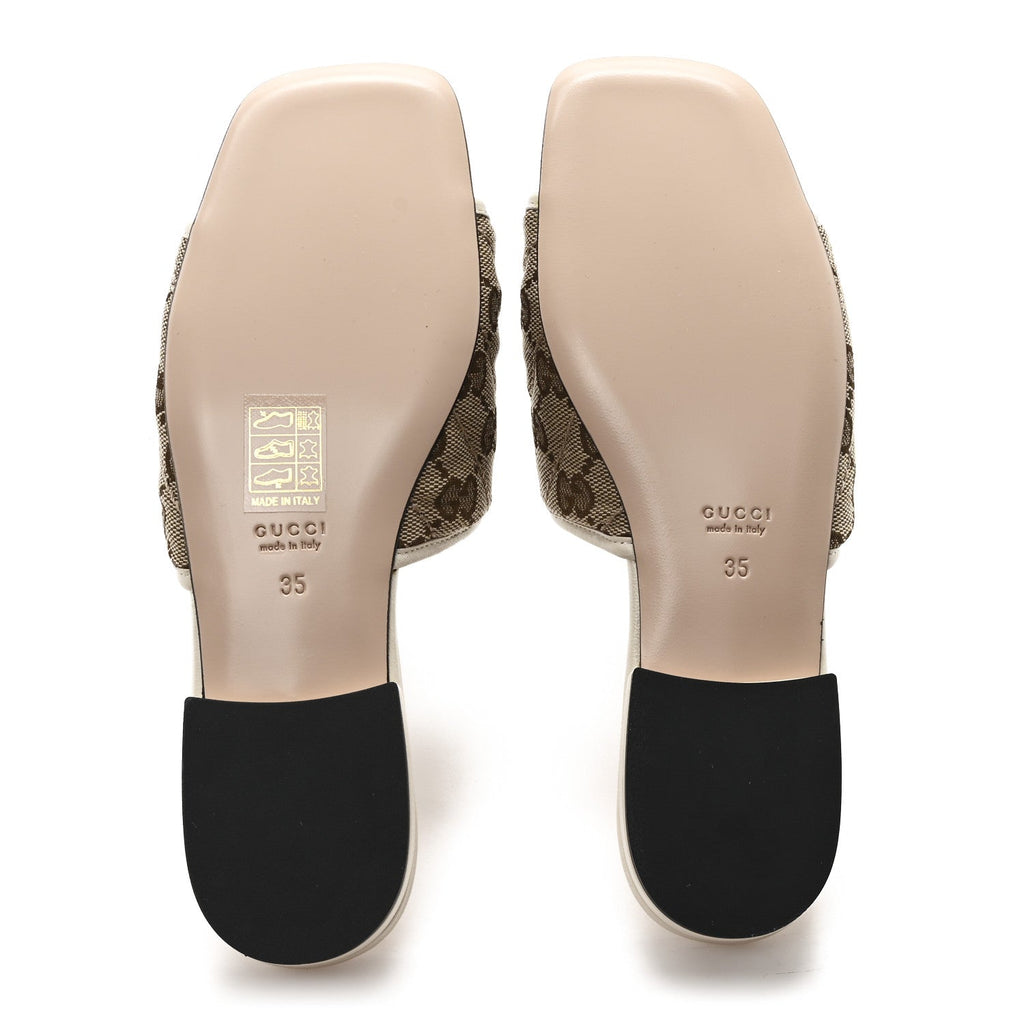 Monogram Matelasse Diagonal GG Marmont Flat Slide Sandals  35 Beige Ebony Mystic White