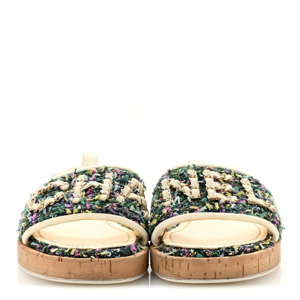 Tweed Cork CC Chain Mule Sandal 36.5 Green Multicolor