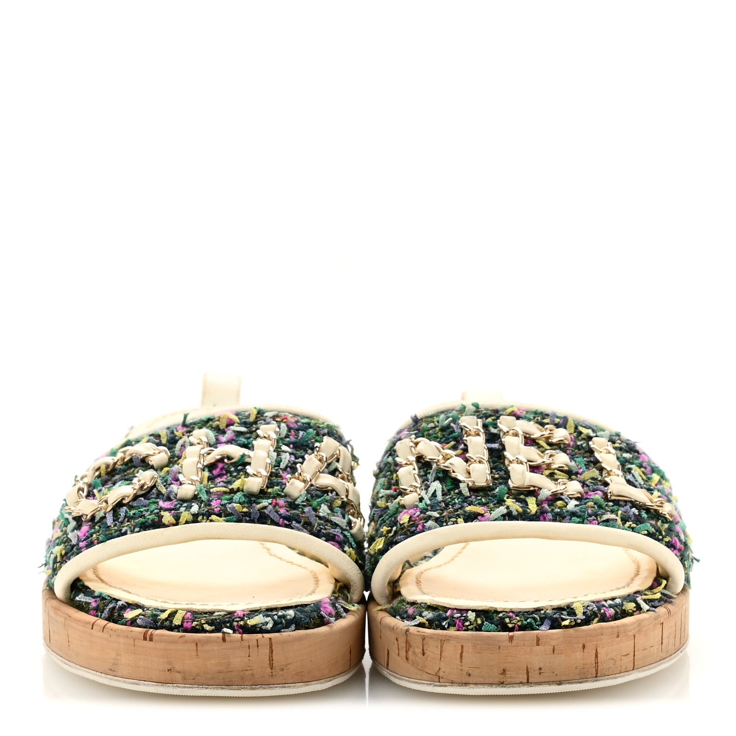 Tweed Cork CC Chain Mule Sandal 36.5 Green Multicolor