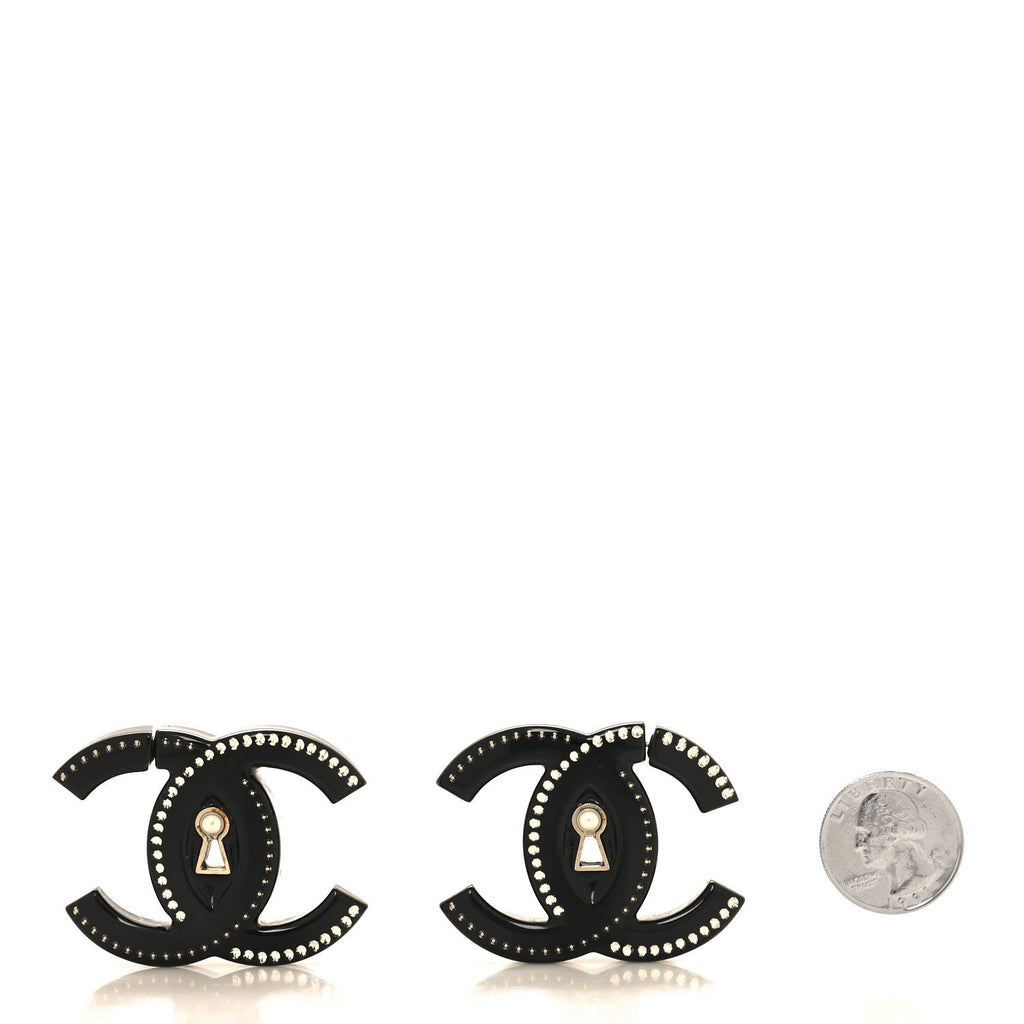 Metal Resin Crystal Pearl CC Hoop Earrings Gold Black