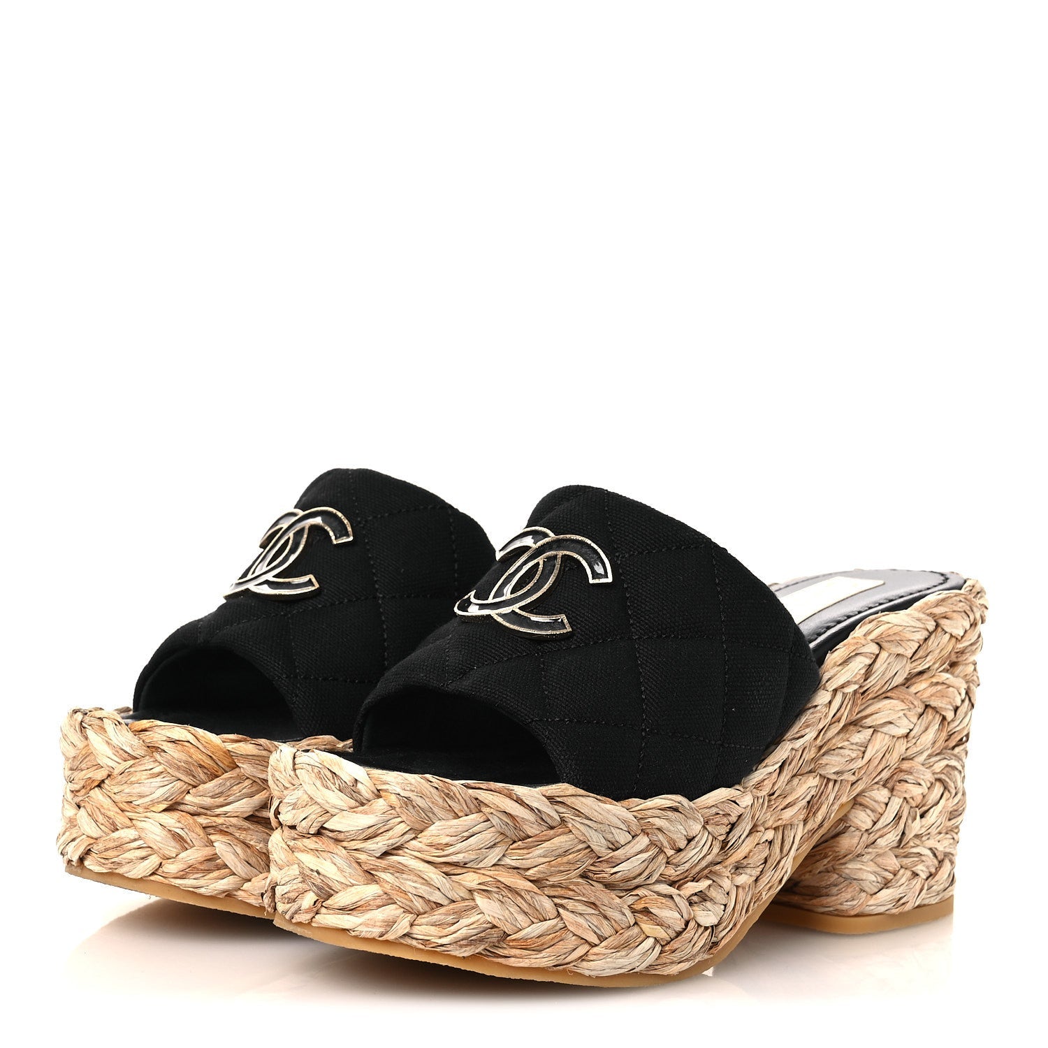 Canvas Raffia Wedge Sandals 35 Black