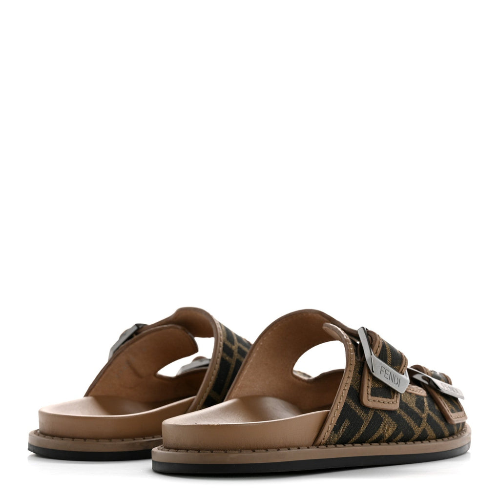 Fabric Jacquard Nappa FF Mens Fendi Feel Buckled Slide Sandals 5 Tobacco Black Miele Scuro