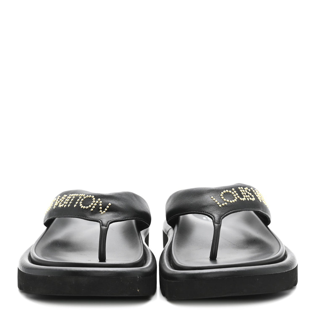 Calfskin Logo Studded Pillow Flat Thong Sandals 35 Black