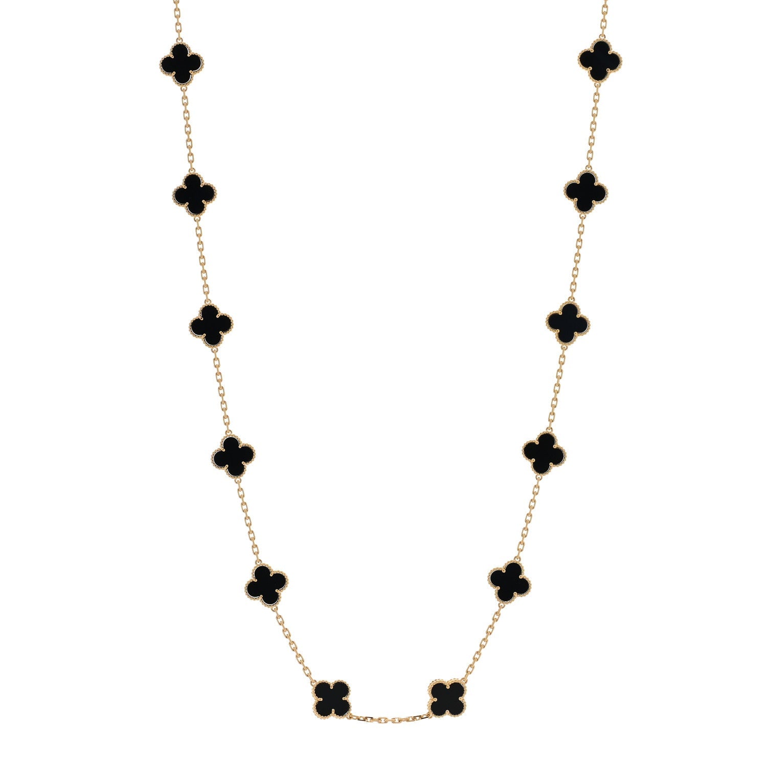 18K Yellow Gold Black Onyx 20 Motifs Vintage Alhambra Necklace