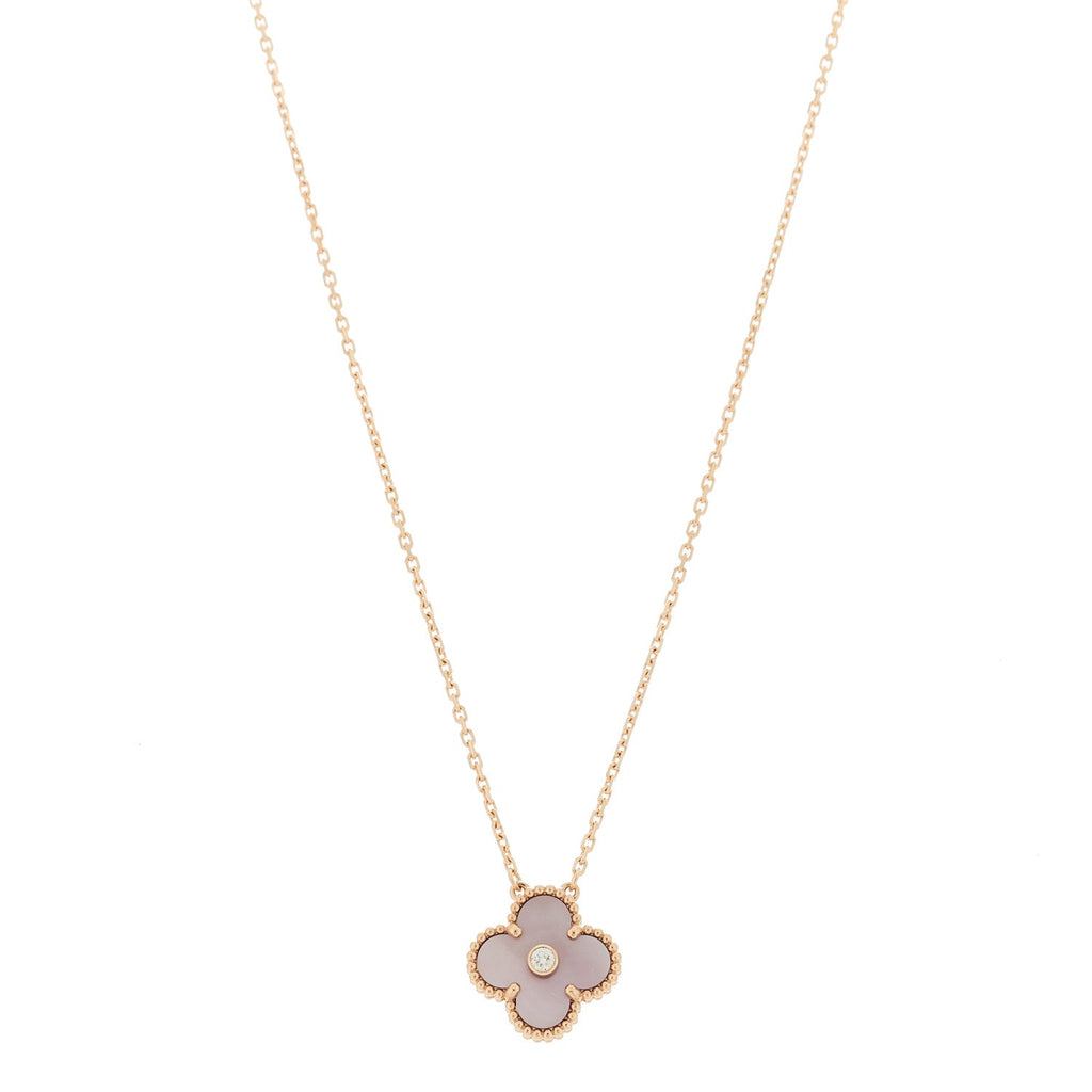 18K Rose Gold Diamond Pink Mother of Pearl Vintage Alhambra Pendant Necklace