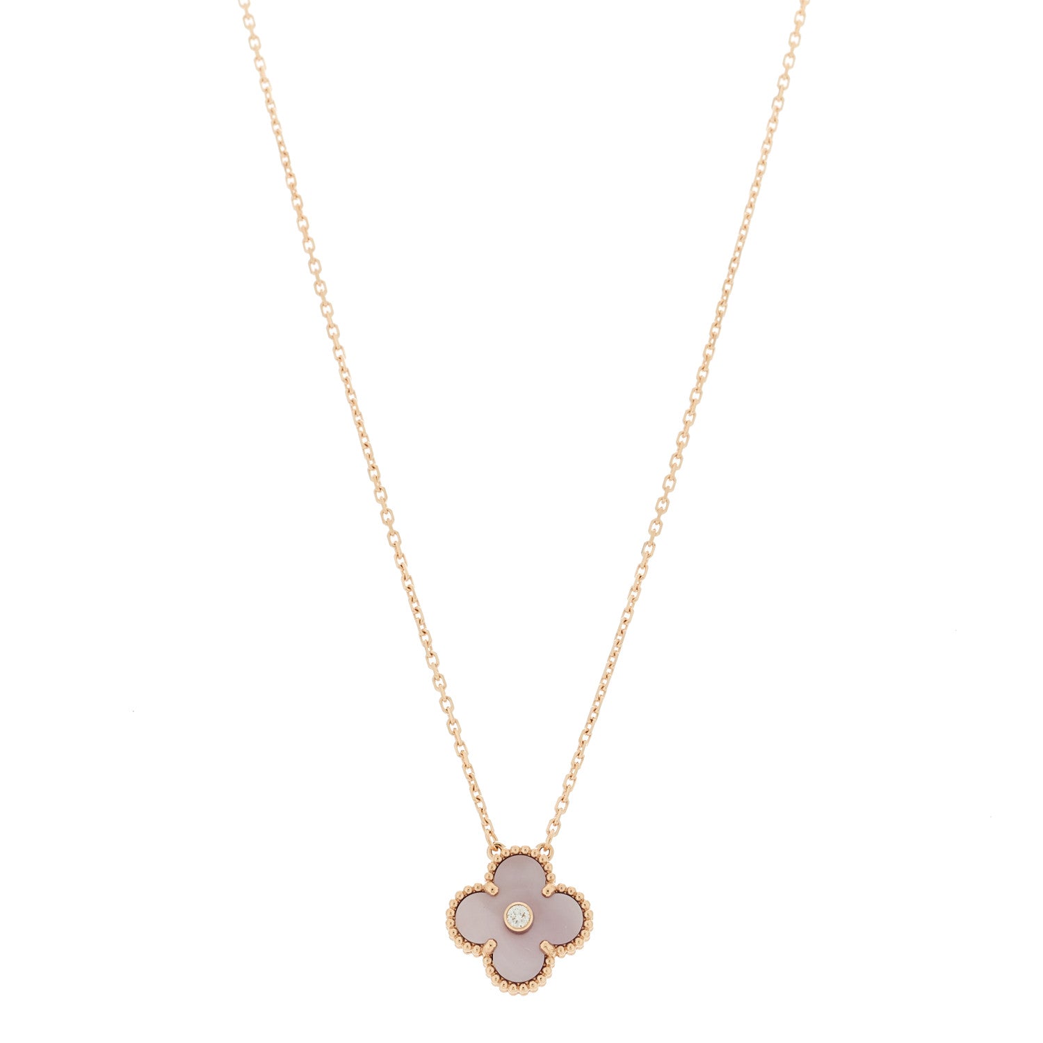 18K Rose Gold Diamond Pink Mother of Pearl Vintage Alhambra Pendant Necklace