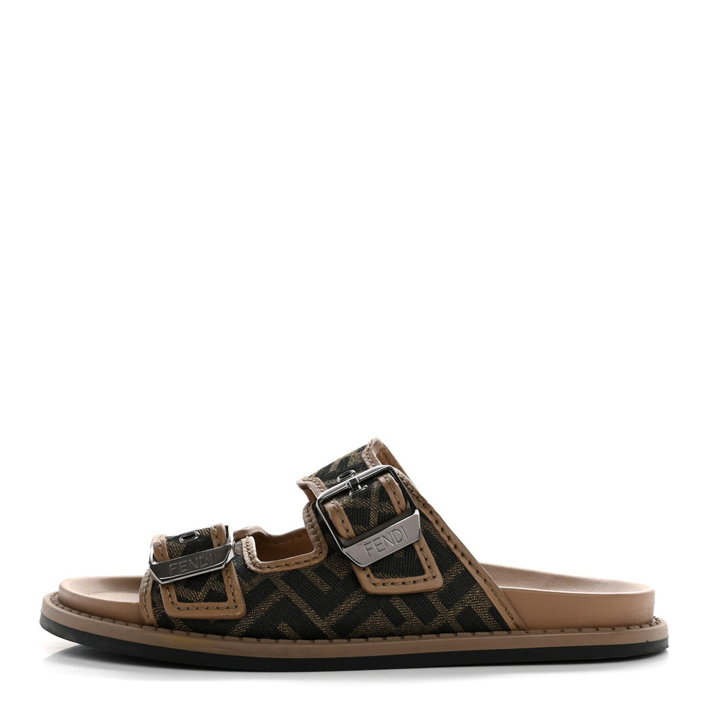 Fabric Jacquard Nappa FF Mens Fendi Feel Buckled Slide Sandals 5 Tobacco Black Miele Scuro