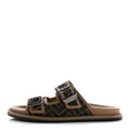 Fabric Jacquard Nappa FF Mens Fendi Feel Buckled Slide Sandals 5 Tobacco Black Miele Scuro