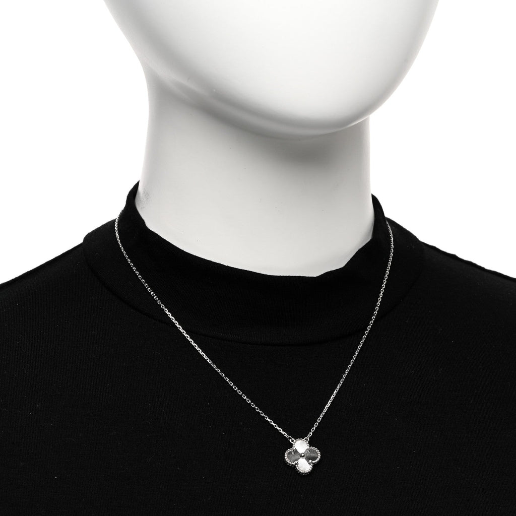18K White Gold Guilloche Vintage Alhambra Pendant Necklace