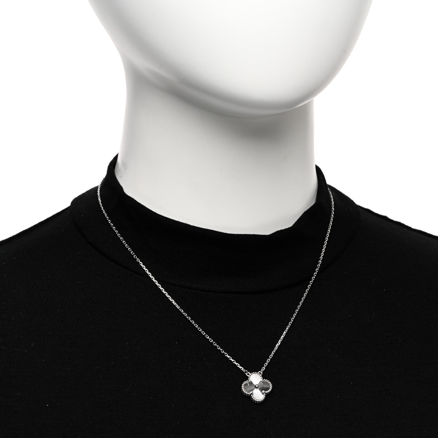 18K White Gold Guilloche Vintage Alhambra Pendant Necklace