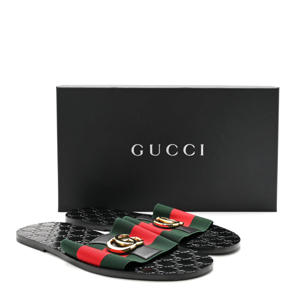 Calfskin Web Interlocking G Mens Riviera Slide Sandals 10 Black Green Red